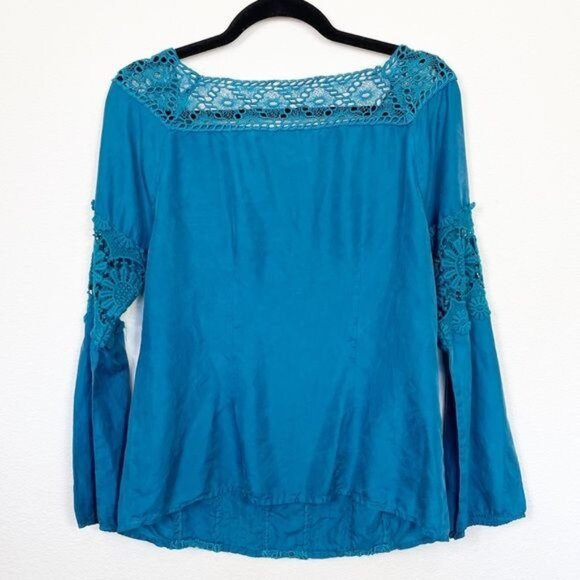 Sundance Enchanted Evening Silk Tunic Blue Teal Crochet Lace Medium - Picture 3 of 7